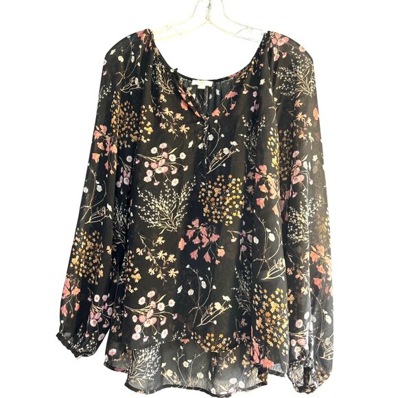 C Tops - C  Womens Top/Over Blouse Black Floral Hi/Lo Sheer Long Sleeve Pop Over Size L